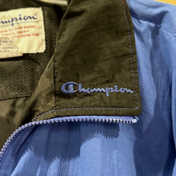 Vintage Champion Jacket Hoodie Windbreaker Large Blue Y2K Zip Pockets Mesh Lined - Picture 4 of 9